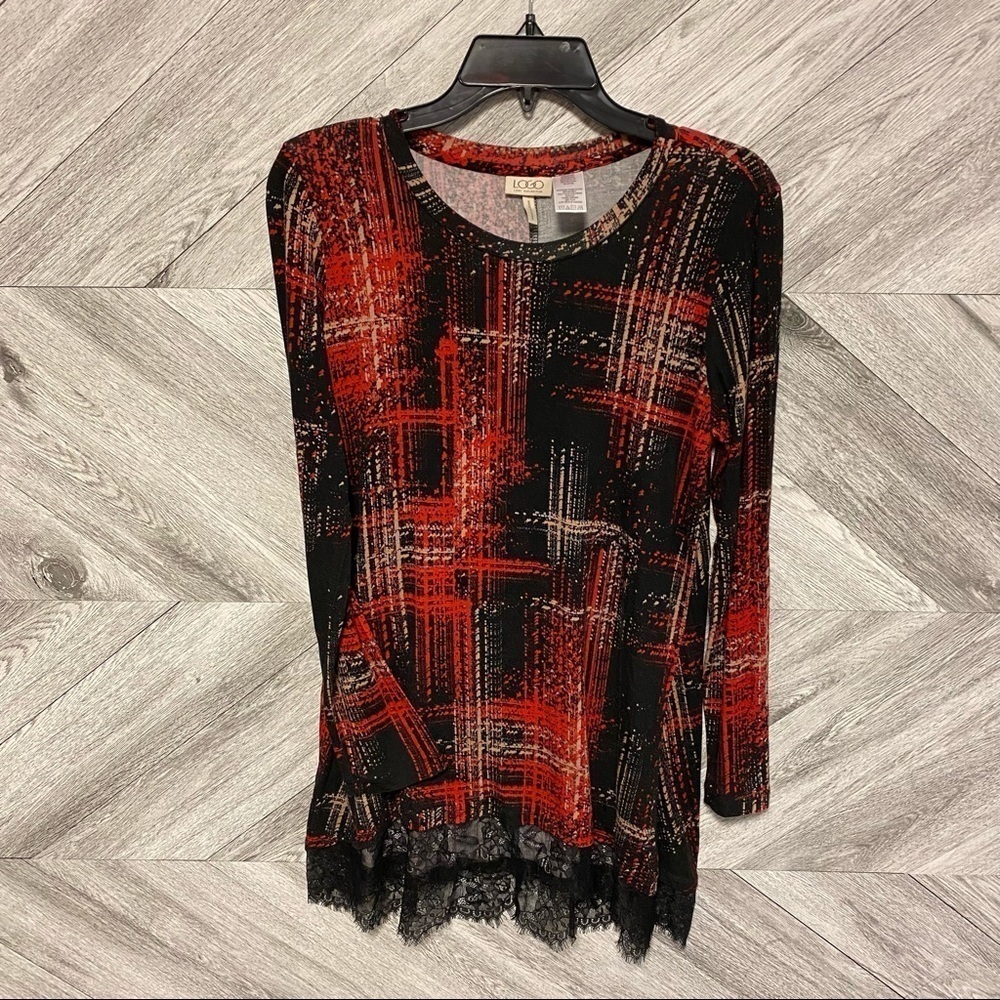 LOGO by Lori Goldstein Plaid Tunic Top Red Black Small - Picture 2 of 7